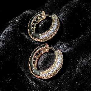 Golden Brass Pavé Mini Hoop Earrings with Clear Crystals - Women Jewelry